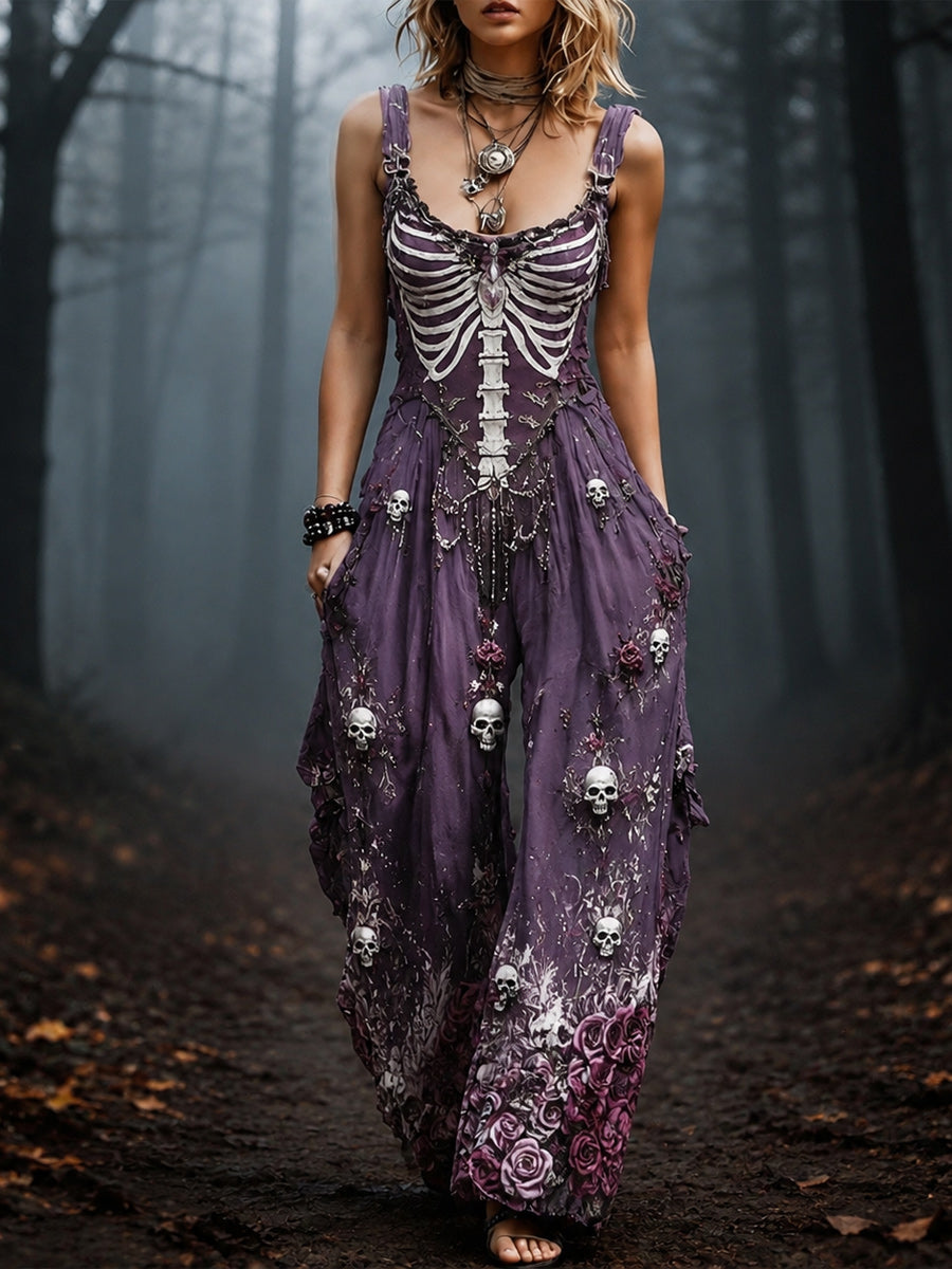 Women's Retro Style Art Print Washed Cotton Denim Patchwork Jumpsuit